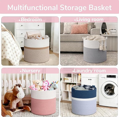 Goodpick 17"x16" Toy Storage for Kids, Home Décor Living Room, Decorative Blanket Basket for Girls Bedroom, Baby Laundry Basket With Handles, White & Pink
