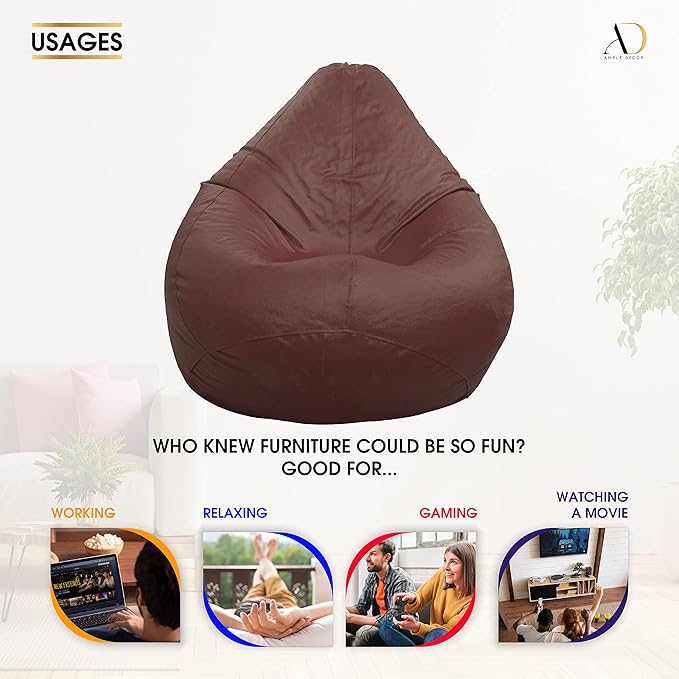 Ample Decor Bean Bag Cover (No Filling), Plush Toys Storage Soft Leatherette, Durable Construction Sturdy Zipper, Ideal for Children and Teenagers - Tan Brown