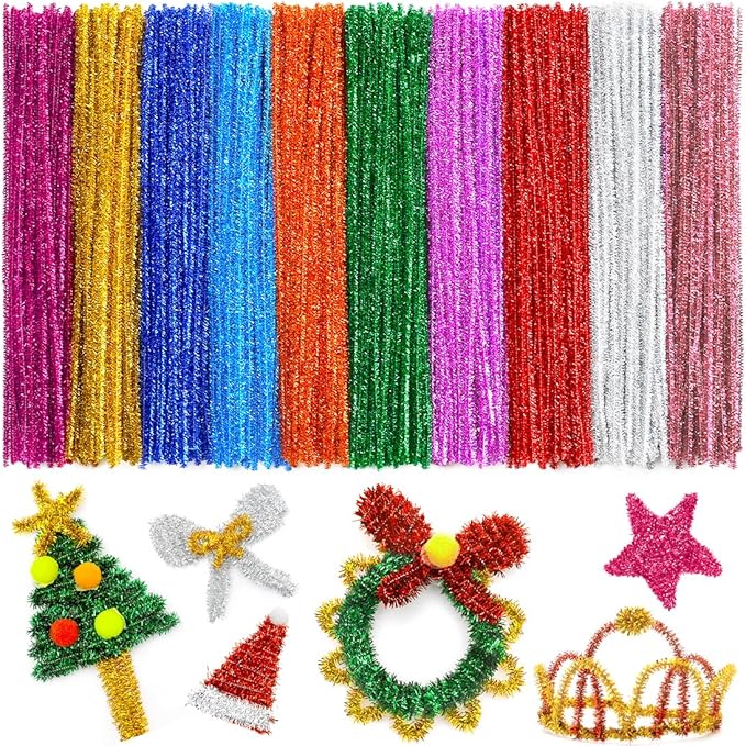 IOOLEEM 200pcs in 10 Glitter Colors, Pipe Cleaners,Glitter Pipe Cleaners, Chenille Stems, Pipe Cleaners for Crafts, Pipe Cleaner Crafts, Art and Craft Supplies.
