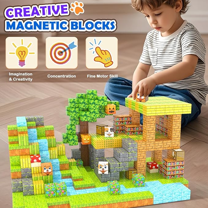Gooidea Large Magnetic Blocks 1" Building Cubes Toys for Kids Ages 4-6 5-7 8-12, Magworld Bamboo House Building Craft Construction Toy Set, Creative Sensory Toys Game Gift for 3+ Year Old Boys Girls