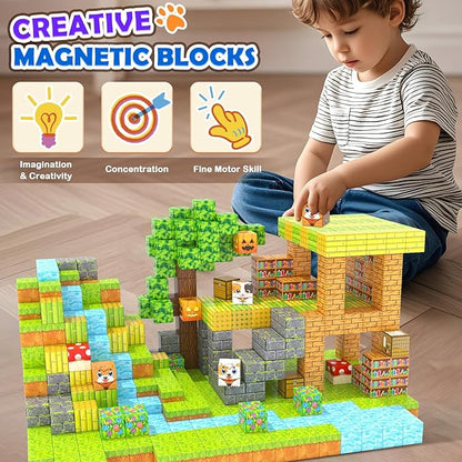 Gooidea Large Magnetic Blocks 1" Building Cubes Toys for Kids Ages 4-6 5-7 8-12, Magworld Bamboo House Building Craft Construction Toy Set, Creative Sensory Toys Game Gift for 3+ Year Old Boys Girls