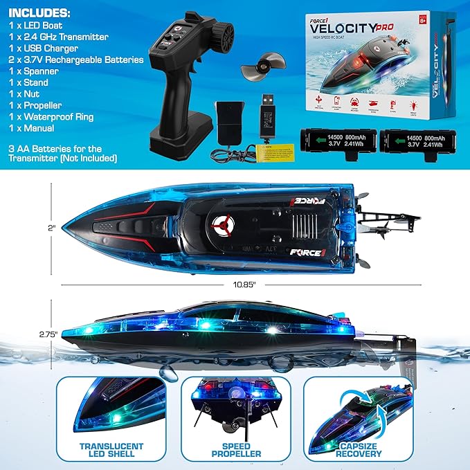 Force1 Velocity Pro LED RC Boat- Remote Control Boats for Adults and Kids, Underwater Speed Racing Mini RC Toy for Pools and Lakes, LEDs, 2.4GHZ Transmitter, Rechargeable Batteries, Low Battery Alert