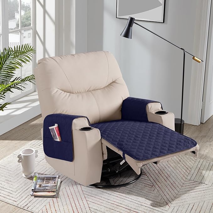 Ruaozz Waterproof Recliner Chair Covers Non Slip Chair Covers Recliner Seat Cover with Arms Washable Recliner Covers for Reclining Chair with Pocket, Covers for Recliner Chair (Dark Blue, Small-22'')