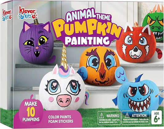 Klever Kits Halloween Pumpkin Decorating Kit, Halloween Party Supplies Arts Crafts, Party Favor for Kids, DIY Pumpkin Painting Kit with 10 Animal Designs, Coloring Craft Games Classroom Activities