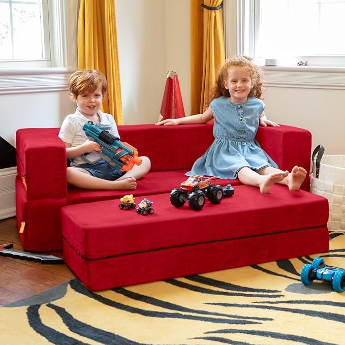 Jaxx Zipline Sofa & Large Ottoman 3 in 1 Fold Out Sofa, Big Kids Edition, Cherry (17454)