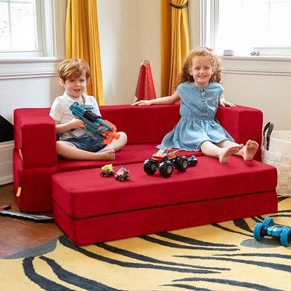 Jaxx Zipline Sofa & Large Ottoman 3 in 1 Fold Out Sofa, Big Kids Edition, Cherry (17454)