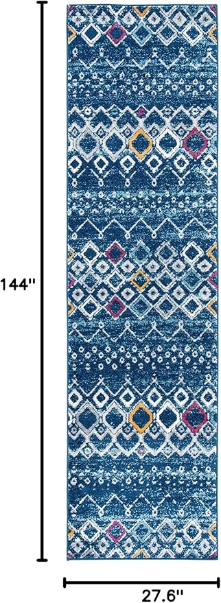 SAFAVIEH Amsterdam Collection Runner Rug - 2'3" x 12', Navy & Turquoise, Moroccan Boho Design, Non-Shedding & Easy Care, Ideal for High Traffic Areas in Living Room, Bedroom (AMS108M)