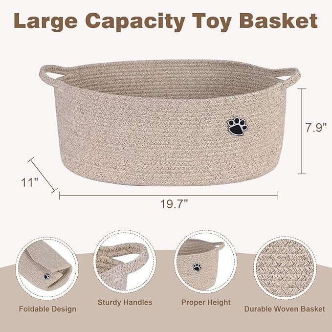 Optish Dog Toy Basket, Toy Box and Bin for Dog Cat Storage, 19.7" X 11" X 7.9" (30L) Large Woven Rope Basket for Blanket Storage, Living Room, Bedroom, Brown