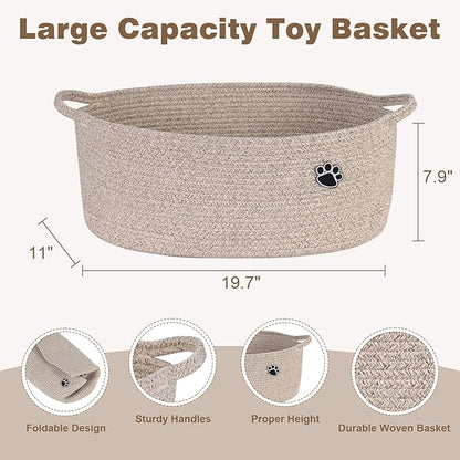 Optish Dog Toy Basket, Toy Box and Bin for Dog Cat Storage, 19.7" X 11" X 7.9" (30L) Large Woven Rope Basket for Blanket Storage, Living Room, Bedroom, Brown