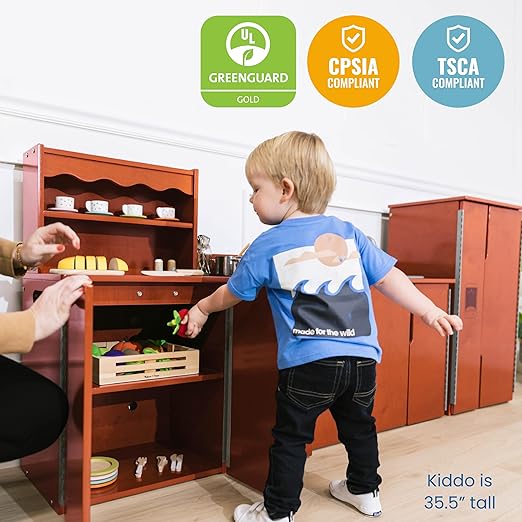 ECR4Kids Play Kitchen Storage Cupboard, Wooden Playset, Dark Walnut