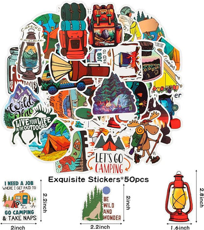 ANGOLIO 84Pcs Spring Camping Party Favors Kit Happy Camper Party Gifts Silicone Bracelets Stickers Keychains Badges for Kids Friends Summer School Camping Adventure Birthday Supplies