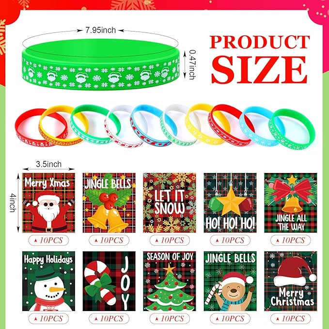 100 Set Christmas Silicone Bracelets with Christmas Tags Xmas Rubber Wristbands for Kids Adult Christmas Party Favors Bracelets Silicone Wristband Christmas Birthday Decoration Gift Supplies