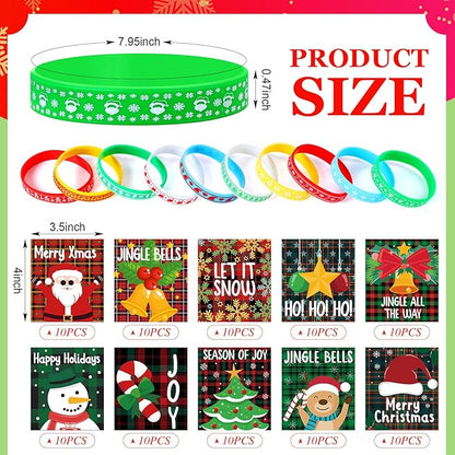 100 Set Christmas Silicone Bracelets with Christmas Tags Xmas Rubber Wristbands for Kids Adult Christmas Party Favors Bracelets Silicone Wristband Christmas Birthday Decoration Gift Supplies