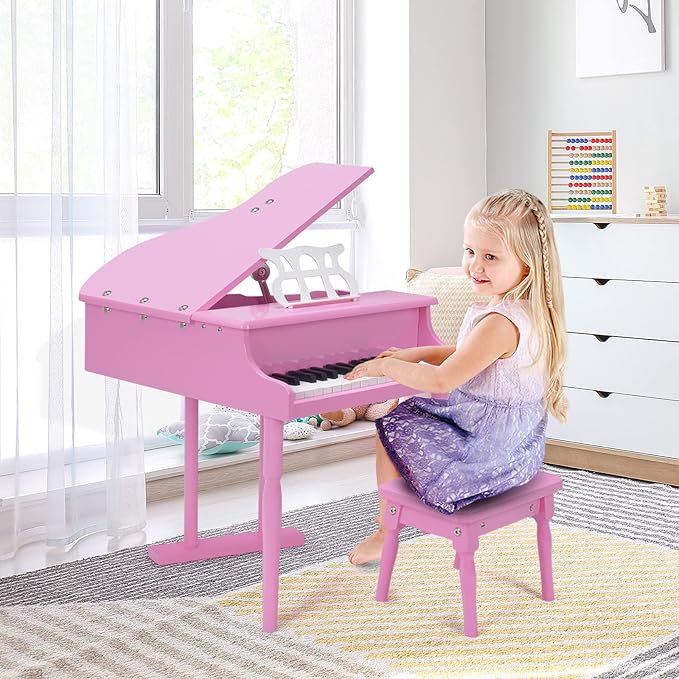 GLACER Classical Kids Piano, 30 Keys Wood Toy Grand Piano w/Bench Music Stand Full-Size Keys, Charming Tones & Sounds, Musical Instrument Educational Toy for Girls and Boys (3 Straight Leg-Pink)