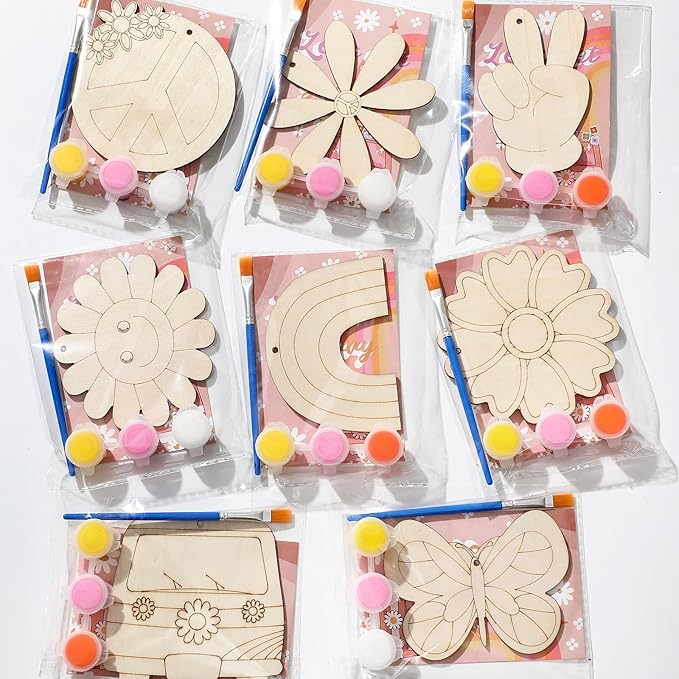 Saypacck 24 Pcs Groovy Boho Hippie Party Favors Wooden Painting Craft Kits Birthday Party Supplies with Organza Bag for Goodie Bags Fillers Adult Thank You Gifts