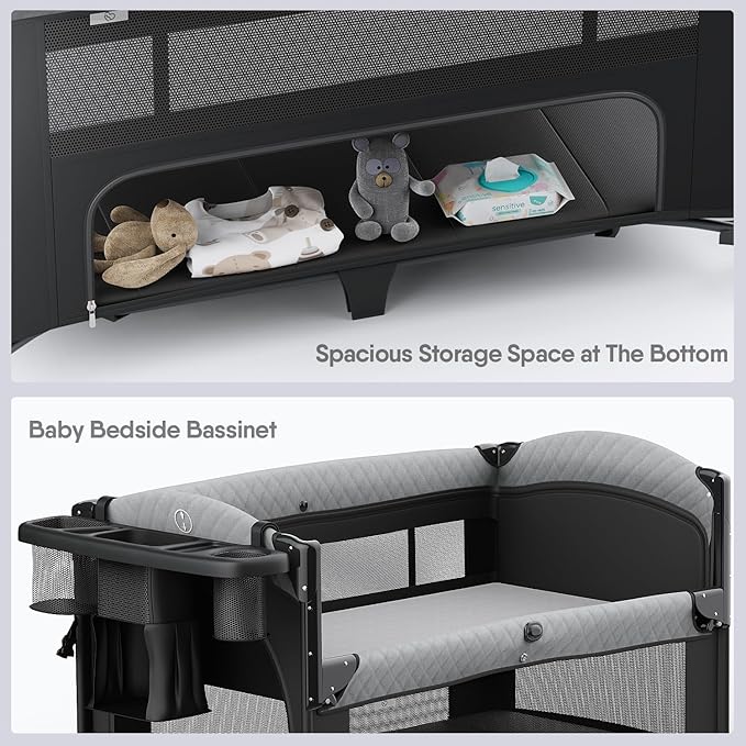 Obee Odee 4 in 1 Baby Bassinet, Pack and Play, Bedside Crib Sleeper, Diaper Changer - Comes with Mattress, Mosquito Net，Bottom Storage and Toy Bar for Newborn to Toddles