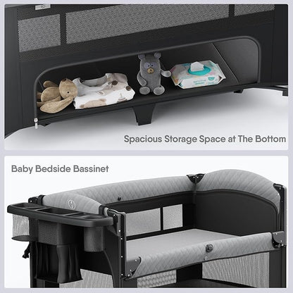 Obee Odee 4 in 1 Baby Bassinet, Pack and Play, Bedside Crib Sleeper, Diaper Changer - Comes with Mattress, Mosquito Net，Bottom Storage and Toy Bar for Newborn to Toddles