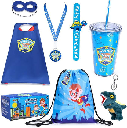 Golray Super Big Brother Gifts Set with Superhero Cape Eyemask Dinosaur Slap Bracelets Necklace, Drawstring Backpack, Plush Keychain, Insulated Plastic Tumbler Cup Big Brother Gift Little Toddler Boy