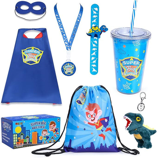Golray Super Big Brother Gifts Set with Superhero Cape Eyemask Dinosaur Slap Bracelets Necklace, Drawstring Backpack, Plush Keychain, Insulated Plastic Tumbler Cup Big Brother Gift Little Toddler Boy