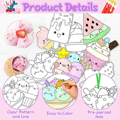 JAPBOR Ice Cream Coloring Craft - 83PCS Summer Ice Cream Themed Party Activities Game Kits for Kids, Color Your Own DIY Desserts Art Cards Hanging Ornament, Draw Paper Book School Activity Party Favor