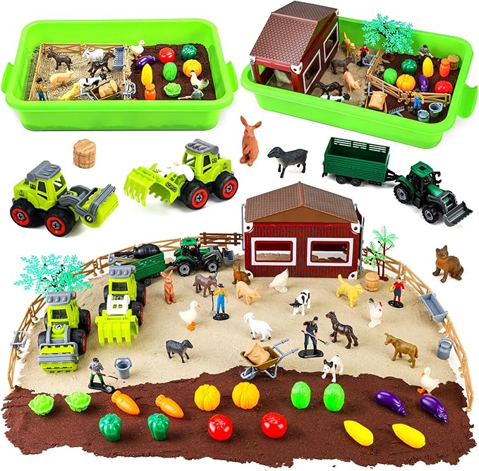 Aprilwolf 69 PCS Farm Sensory Bin Toys Playset, Sandboxes with Sand, Farmer Tractor & Farm Animals Figures Toys for Kids 3 4 5, Gifts for 6 7 Years Old Boys Girls Toddlers