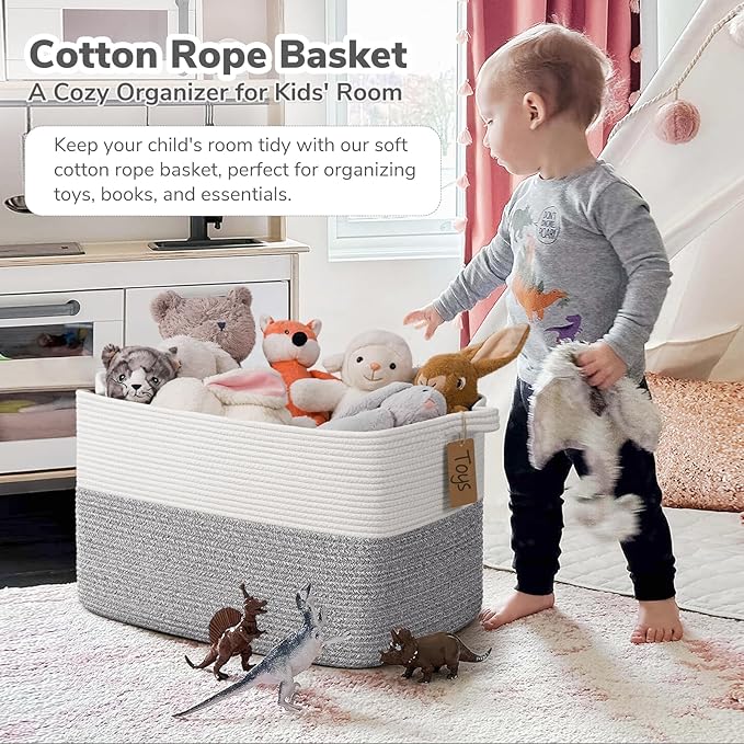 Goodpick Woven Storage Baskets for Organizing 22”x17”x12” Large Blanket Basket for Living Room Home Decor, Rectangle Rope Toy Basket for Kids, Gift Baskets Empty with Handles, Gray