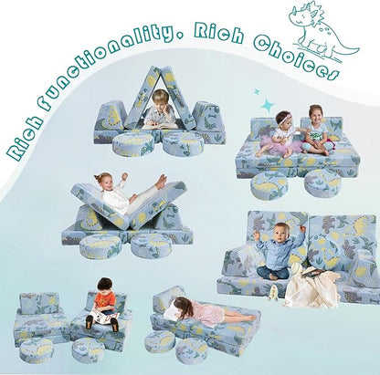 MeMoreCool Modular Glow Sofa for Kids, 8-Piece Convertible Foam Couch Play Set with Glowing Dinosaur Design for Toddlers and Playroom