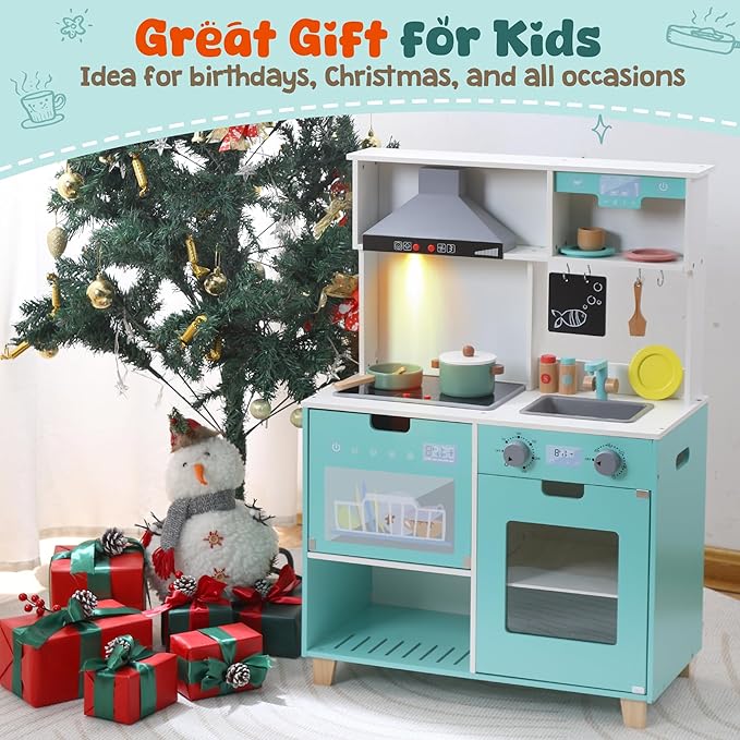 CUTE STONE Play Kitchen for Kids, Wooden Kitchen Playset with Real Lights & Sounds, Toy Kitchen Set with Cookware Accessories, Chef Pretend Play Kitchen Set for Toddlers Girls Boys