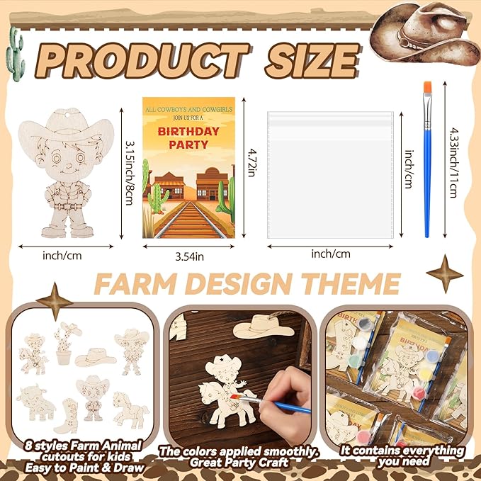 Saypacck 24 Pcs Western Cowboy Party Favors Wooden Painting Craft Kits Birthday Party Supplies with Organza Bag for Goodie Bags Fillers Adult Thank You Gifts