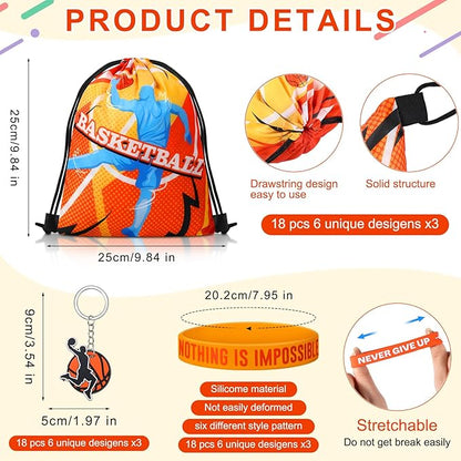 Sadnyy 140 Pcs Party Favors Birthday Party Decorations Supplies Drawstring Bags with Silicone Bracelets Keychains Straws Button Pins Stickers for Classroom Rewards Goodie Bags Stuffers(Basketball)