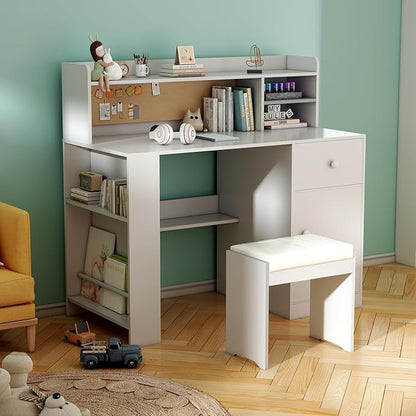 JMMD Kids Desk and Chair Set with Hutch, Wooden Student's Study Desk with Storage Cabinet and Drawer, Children Computer Writing Table for Girls Boys 8-12 Years, White