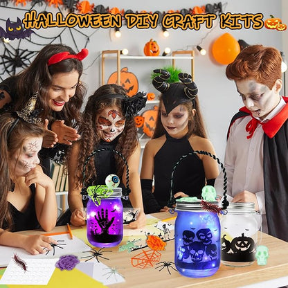 Halloween Crafts for Kids, 8 PCS Halloween Mason Jar with Accessories for DIY Craft, Halloween Art Party Favor Supplies, Halloween Decoration Trick or Treating, Classroom Halloween Art Activities