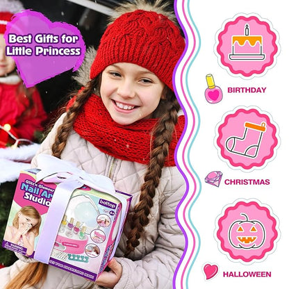 BATTOP Kids Nail Polish Set for Girls, Nail Art Kit for Kids with All-in-One Organizer Nail Dryer, Polish, Stickers, Gems, Filer - Ideas Gift for Girls 6 7 8 9 10 11 12 - Dress-Up Toy