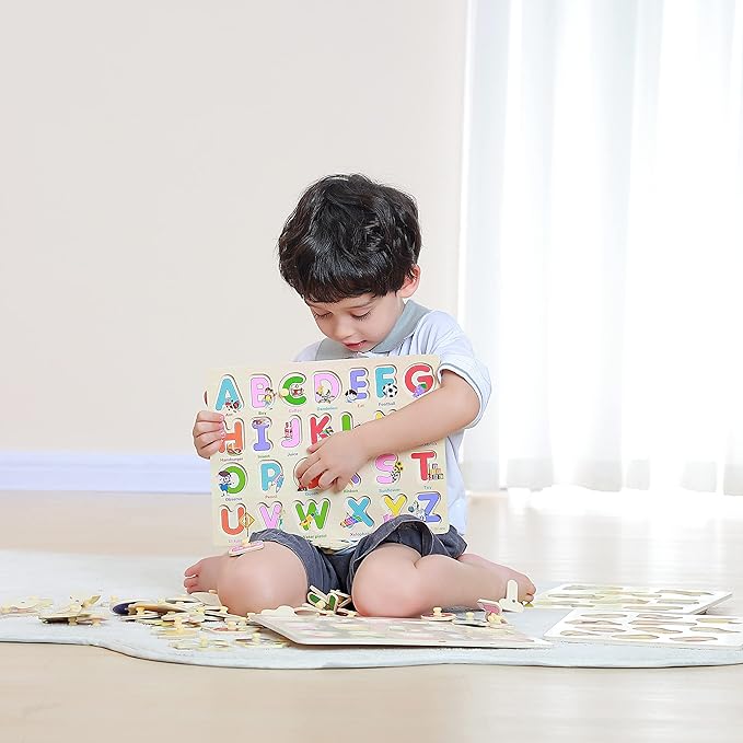 GRINNNIE Wooden Peg Puzzle for Toddlers 3 4 5 Years Old, 4 PCS Montessori Educational Learning Puzzles Set-Numbers, Letters, Animals and Fruits, Great Preschool Gifts for Girls and Boys (Pack of 2)