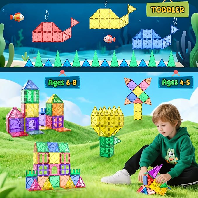 Soyee Magnetic Tiles Toddler Toys Magnetic Building Blocks for Kids Ages 3-12 STEM Educational Toys for Girls & Boys Sensory Toys for Kids with Autism Classroom Must Haves Outdoor Toys