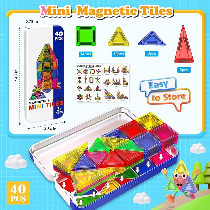 Mini Magnetic Tiles, 40 PCS Travel Magnetic Tiles with Tin, Micro Magnet Travel Toy Portable for Kids Age 3+, STEM Educational Building Set Construction Toys, Boys Girls Toddlers Birthday Gifts
