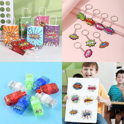 APZ 122 Pcs Superhero Party Favors -Superhero Mask Slap Bracelets Keychains Stickers Punch Balloons Finger Lights and Gift Bags for Kids Hero Party Supplies Birthday Decorations