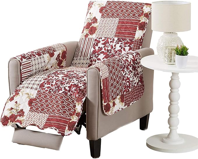 Great Bay Home Patchwork Scalloped Printed Furniture Protector Stain Resistant Recliner Cover (Recliner, Burgundy)