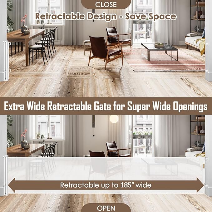 185 Inch Wide Retractable Baby Gates Outdoor Retractable Dog Gate Indoor Extra Long Baby Gate Retractable Pet Gate, Dog Gates for The House Extra Wide Baby Gate, Child Gates for Wide Openings, White