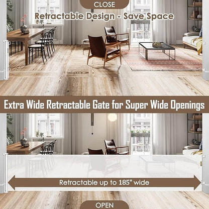 185 Inch Wide Retractable Baby Gates Outdoor Retractable Dog Gate Indoor Extra Long Baby Gate Retractable Pet Gate, Dog Gates for The House Extra Wide Baby Gate, Child Gates for Wide Openings, White