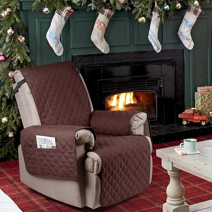 Ruaozz 100% Waterproof Recliner Chair Cover Non-Slip Reclining Cover for Recliner Chair Washable Chair Seat Cover with Elastic Straps for Kids, Dogs, Pets (Coffee, 23'')