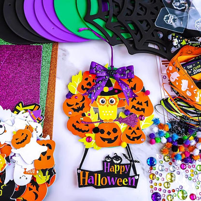 Winlyn 12 Sets Halloween Wreath Signs Decorations DIY Halloween Craft Kits Fall Kids Crafts Art Sets Ghost Spider Web Witch Hat Pumpkin Foam Stickers Arts and Crafts for Kids Home Classroom Activities