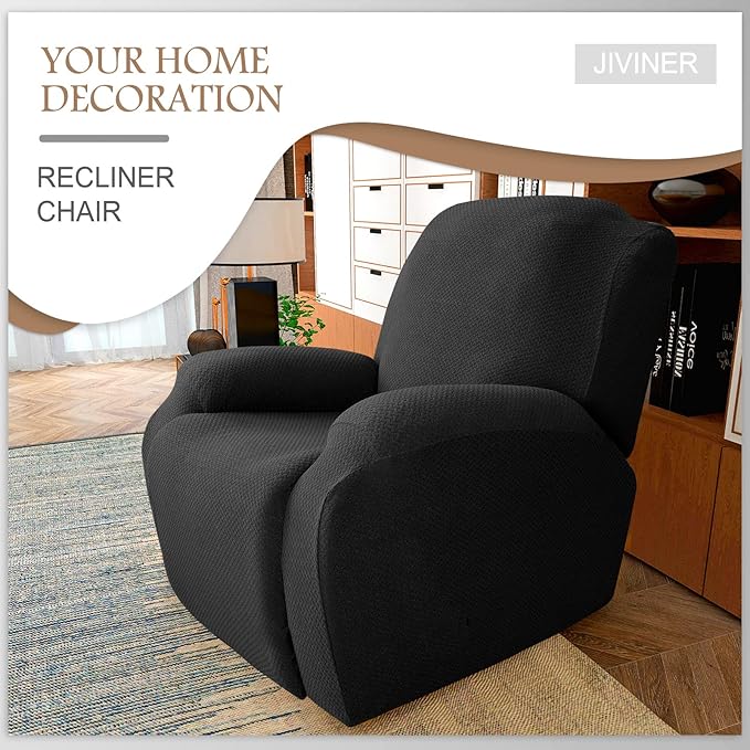 JIVINER 4-Piece Recliner Chair Covers Stretch Jacquard Covers for Recliner Chair Recliner Slipcovers for Living Room Soft Recliner Protector with Pocket (Recliner, Black)