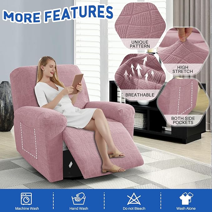 MAXIJIN Waterproof Recliner Chair Covers 3 Pieces Recliner Cover That Stay in Place, Washable Lazy Boy Recliner Slipcovers with Pockets Reclining Protector for Pet, Kids (Recliner, Dusty Pink)
