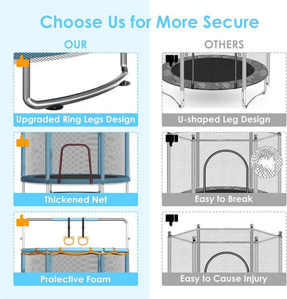 Trampoline for Kids, Upgrade Full Anti-Rust 440lbsToddler Trampoline with Net,Upgraded Ring Legs with Adjustable Gymnastics Bar&Toys, Gifts for Ages 1-8 Boys&Girls