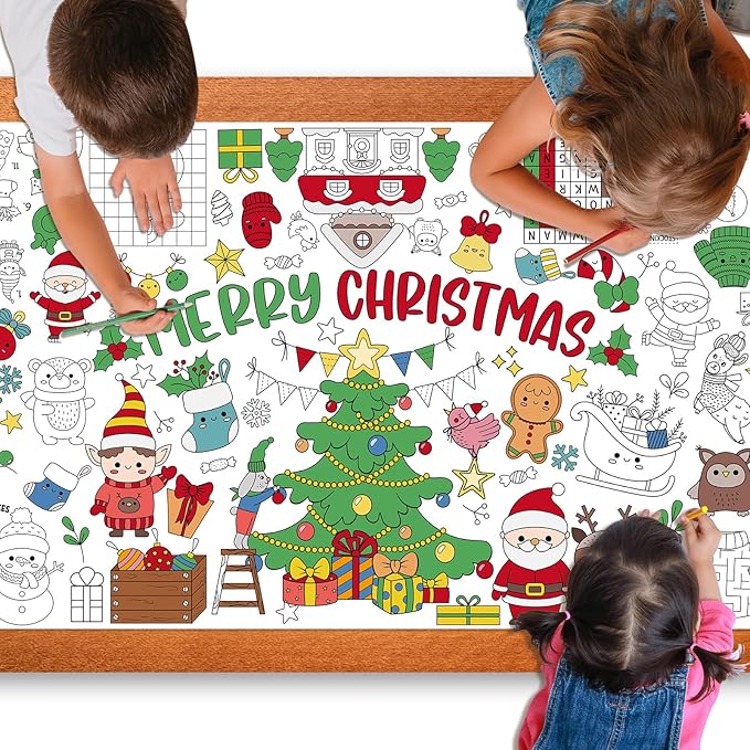 Christmas Giant Coloring Poster for Kids 30x72 Inch, Merry Christmas Large Coloring Tablecloth Banner, Christmas Color-in Activities Games for Kids School Classroom Home Party Supplies Decorations