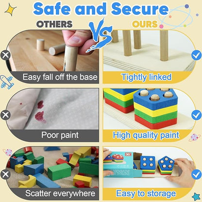Shape Puzzles Wooden Puzzles for Toddlers 1-3, Color Shape Sorter Stacking Matching Sensory Toys Educational Learning Puzzle Toys for Boys Girls Preschool Birthday, Multicolor