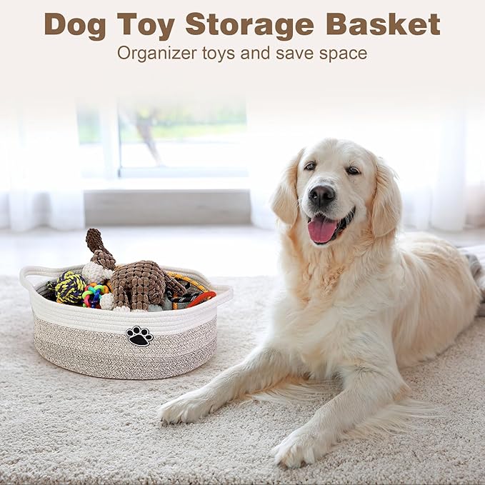 Optish Dog Toy Easter Basket, Toy Box and Bin for Dog Cat Storage, 13.5" X 11" X 5" Small Woven Rope Basket for Baby Storage, Closet, Living Room, White & Brown