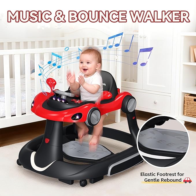 Baby Walker with Wheels, 7-in-1 Foldable Baby Walkers for Boys Girls 6-12 Months with Feeding Tray & Music, Lights,Rocker,Sun Canopy, Bouncing Pedal, Adjustable Wheel Speed, Push Walker (Red)
