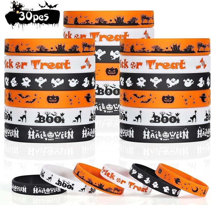Halloween Rubber Bracelets 30 PCS Bulk Halloween Party Favors Supplies Silicone Wristbands for Halloween Gifts Toys Goodie Bag Fillers Stuff Classroom Prizes for Kids Teens Girls Boys